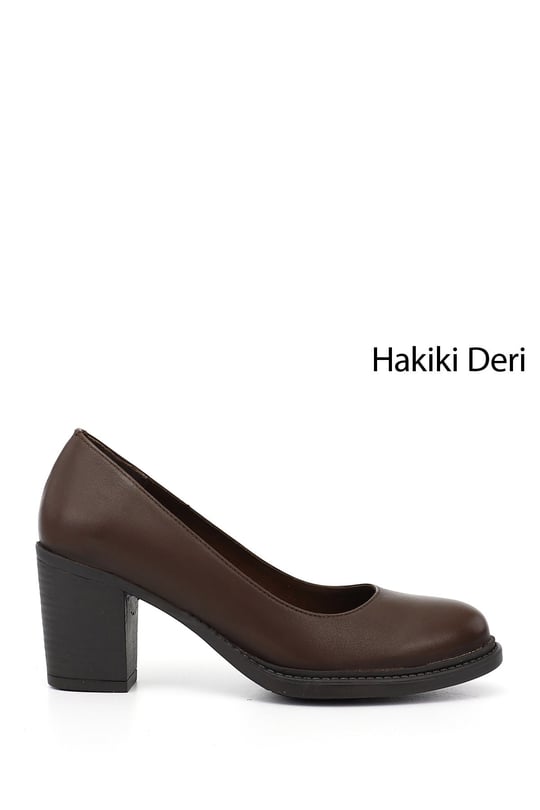 Women's Coffee Antique Medium Thick Heel Genuine Leather Shoes