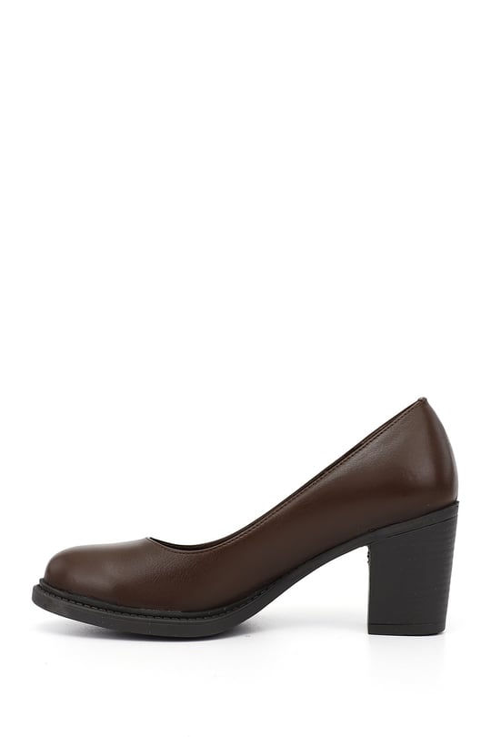 Women's Coffee Antique Medium Thick Heel Genuine Leather Shoes