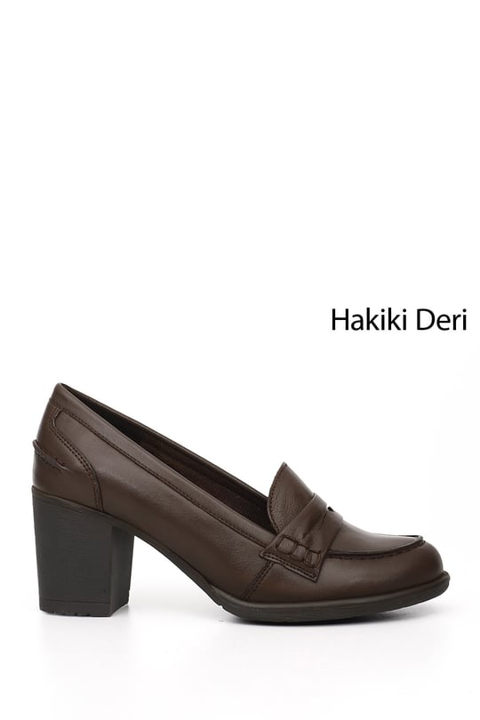 Kadın Kahve Antik Orta Kalın Topuklu Hakiki Deri Ayakkabı