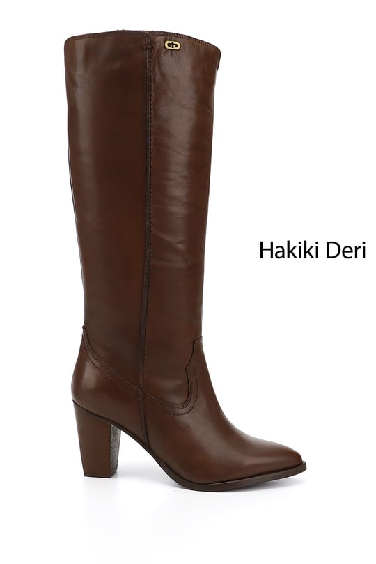 Kadın Kahve Antik Sivri Burun Kalın Topuklu Hakiki Deri Çizme