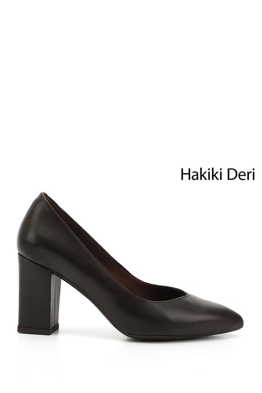 Kadın Kahve Antik Sivri Burun Yüksek Kalın Topuklu Hakiki Deri Ayakkabı