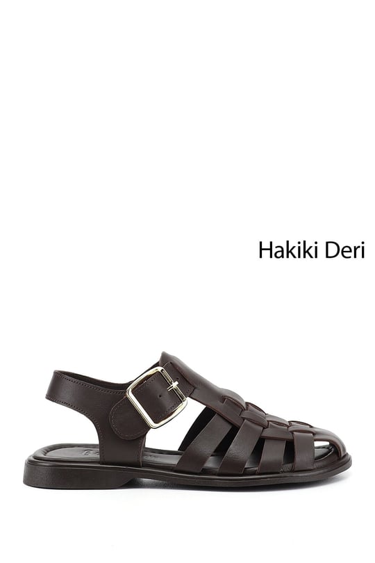 Kadın Kahve Antik Tokalı Bantlı Burnu Kapalı Hakiki Deri Sandalet
