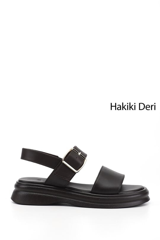 Kadın Kahve Antik Tokalı Bantlı Hakiki Deri Sandalet