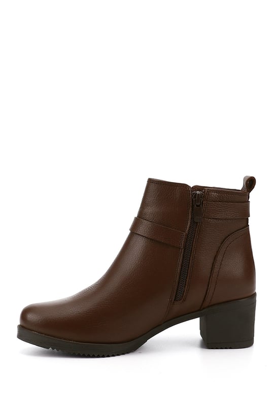 Women's Brown Floater Zippered Thick Heel Genuine Leather Boots