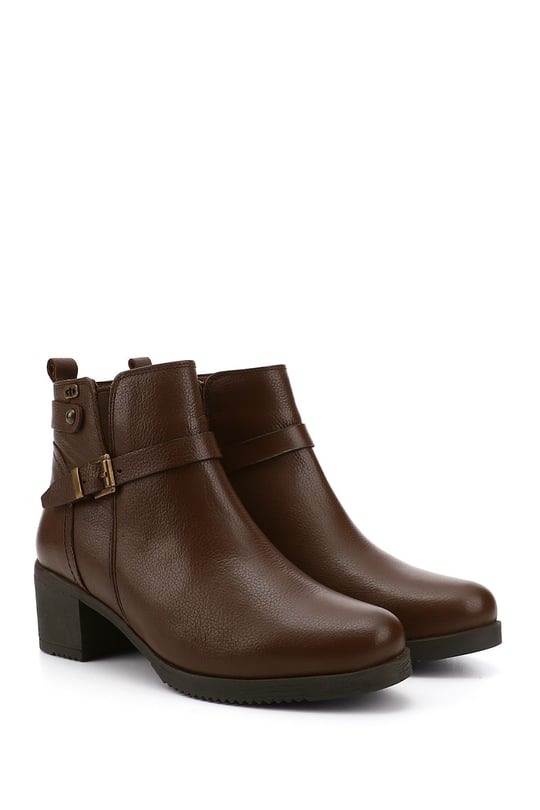 Women's Brown Floater Zippered Thick Heel Genuine Leather Boots