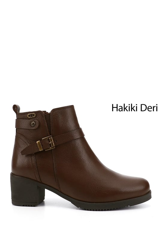 Women's Brown Floater Zippered Thick Heel Genuine Leather Boots