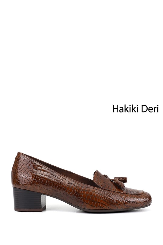 Women's Coffee Crocodile Short Square Toe Thick Heeled Genuine Leather Shoes