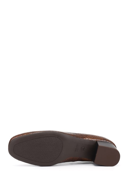 Women's Coffee Crocodile Short Square Toe Thick Heeled Genuine Leather Shoes