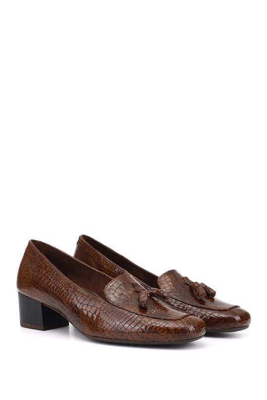 Women's Coffee Crocodile Short Square Toe Thick Heeled Genuine Leather Shoes