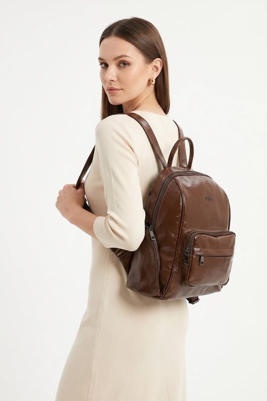 Women's Coffee Patent Leather Handbag and Backpack