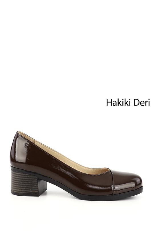 Kadın Kahve Rugan Kısa Kalın Topuklu Hakiki Deri Ayakkabı