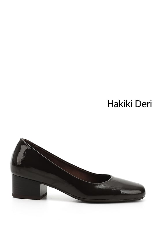 Women's Brown Patent Leather Short Thick Heeled Genuine Leather Shoes