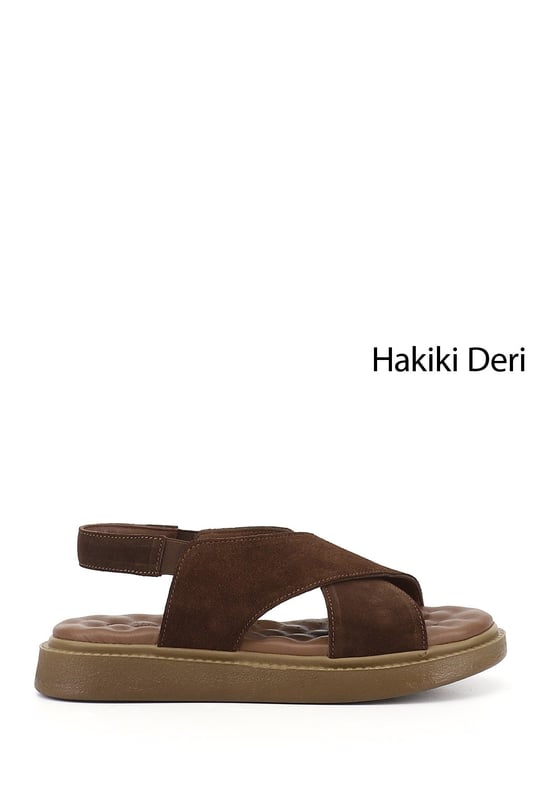 Kadın Kahve Süet Çapraz Bantlı Dolgu Taban Hakiki Deri Comfort Sandalet