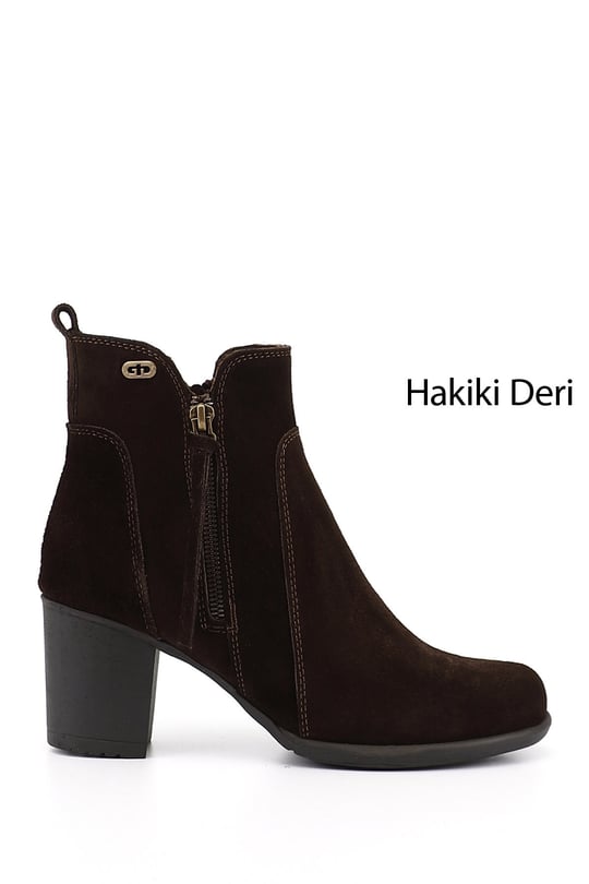 Kadın Kahve Süet Fermuarlı Kalın Topuklu Hakiki Deri Bot