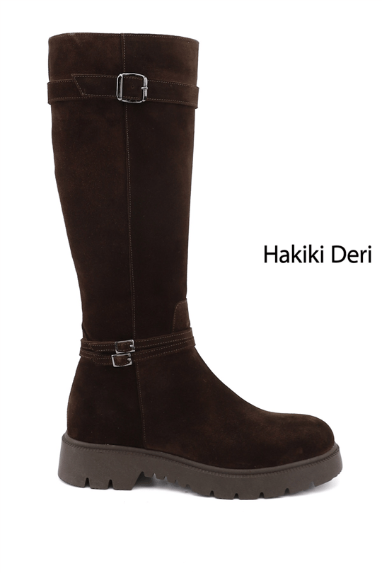 Kadın Kahve Süet Fermuarlı Kauçuk Taban Hakiki Deri Çizme