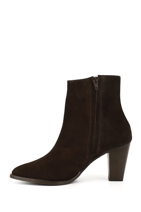 Women's Coffee Suede Zip-Up Pointed Toe Genuine Leather Boots