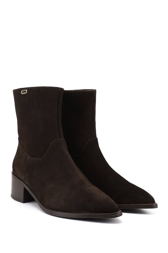 Women's Coffee Suede Zip-Up Pointed Toe Genuine Leather Boots