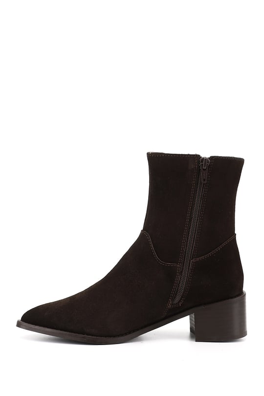 Women's Coffee Suede Zip-Up Pointed Toe Genuine Leather Boots