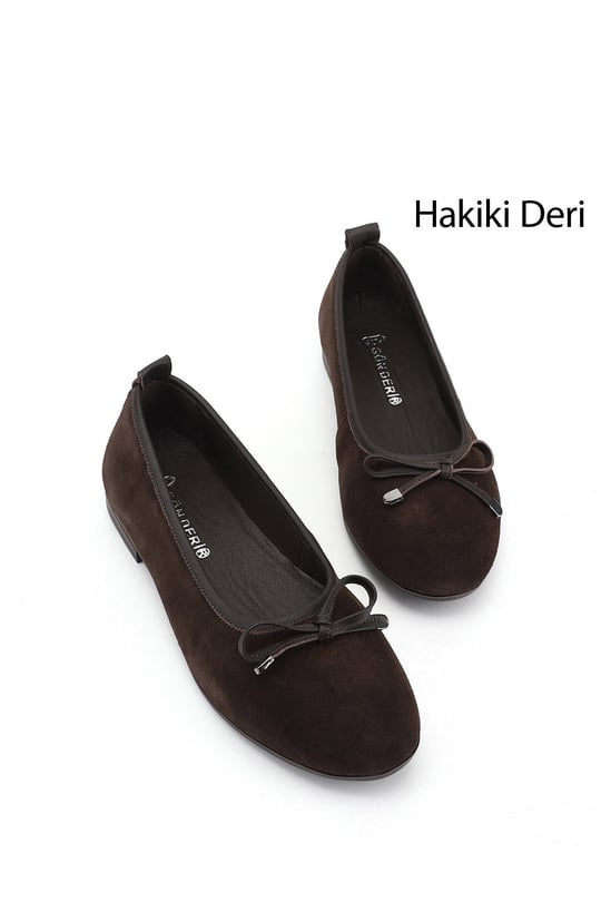 Kadın Kahve Süet Fiyonklu Hakiki Deri Babet