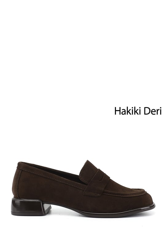 Kadın Kahve Süet Kalın Topuklu Hakiki Deri Loafer Ayakkabı