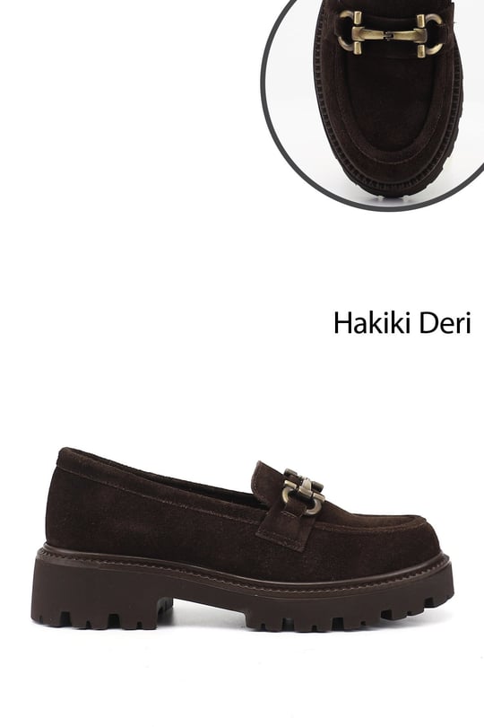 Kadın Kahve Süet Kalın Topuklu Tokalı Hakiki Deri Loafer Ayakkabı