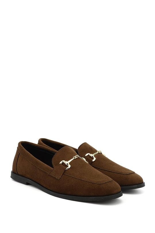 Women's Brown Suede Flat Toe Buckle Ballerina