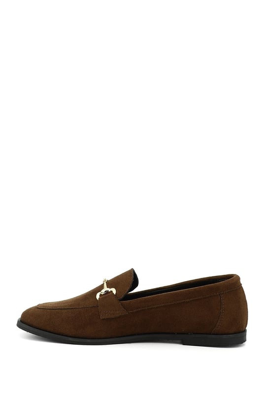 Women's Brown Suede Flat Toe Buckle Ballerina