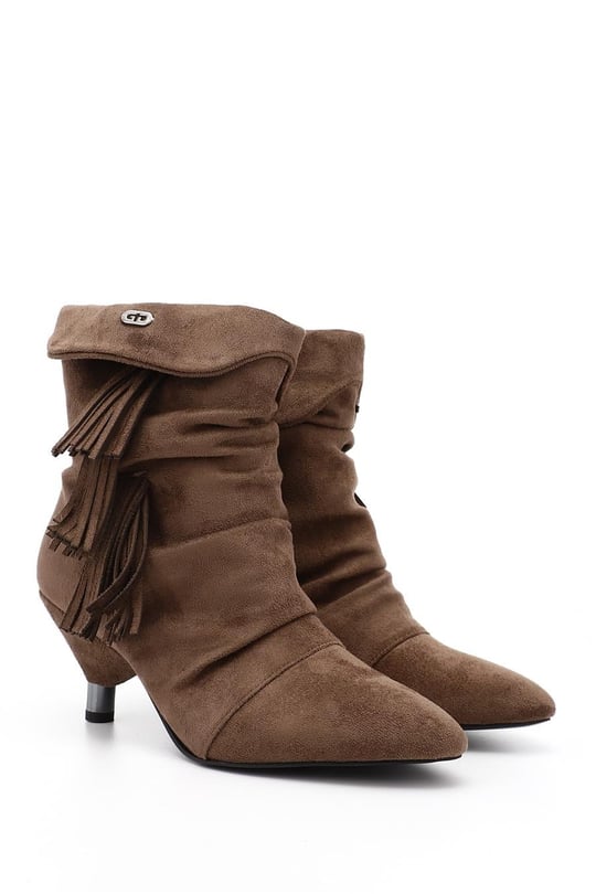 Women's Coffee Suede Tassel Pointed Toe High-Heeled Boots