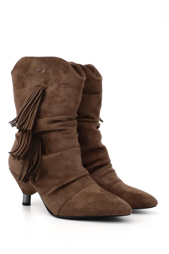 Women's Coffee Suede Tassel Pointed Toe High-Heeled Boots