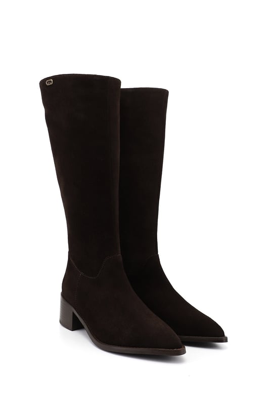 Women's Coffee Suede Pointed Toe Chunky Heel Genuine Leather Boots