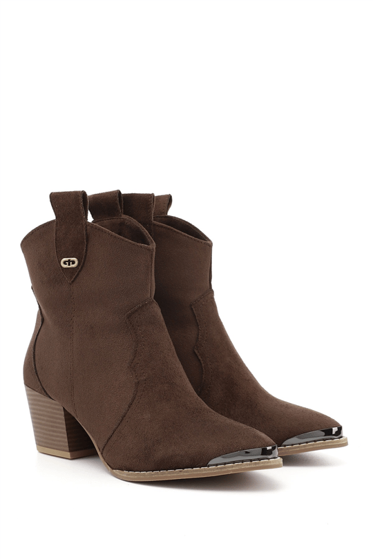 Women's Brown Suede Pointed Toe Thick Heel Cowboy Boots