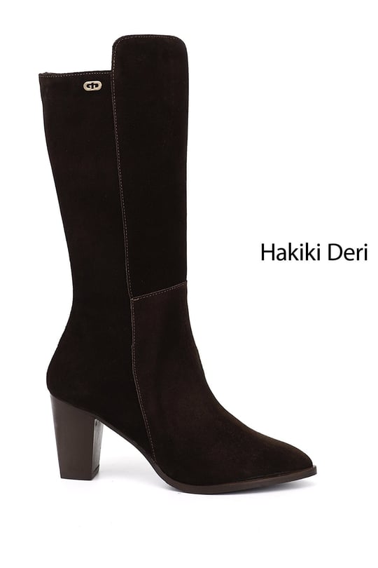 Kadın Kahve Süet Sivri Burun Kalın Topuklu Hakiki Deri Çizme