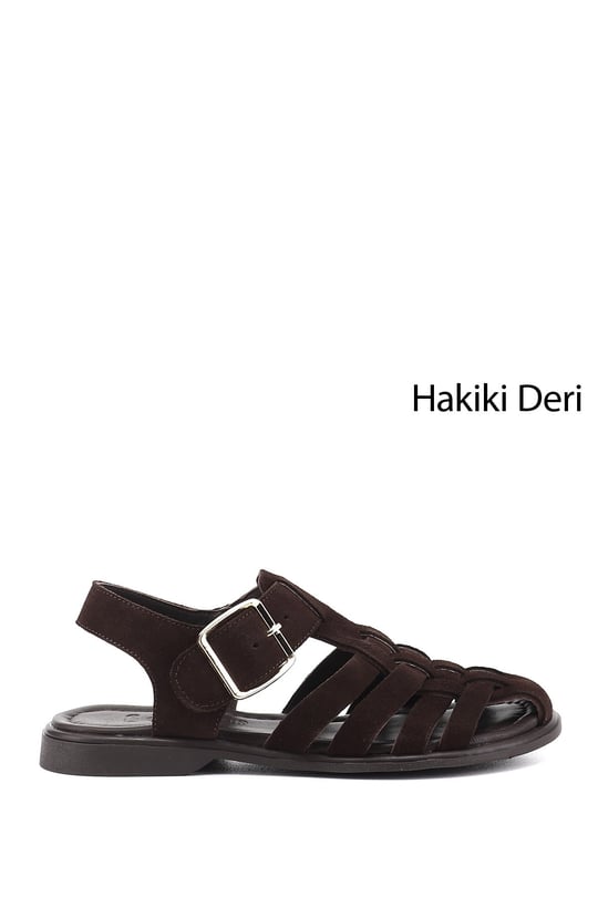Kadın Kahve Süet Tokalı Bantlı Burnu Kapalı Hakiki Deri Sandalet