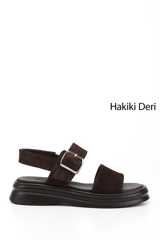 Kadın Kahve Süet Tokalı Bantlı Hakiki Deri Sandalet