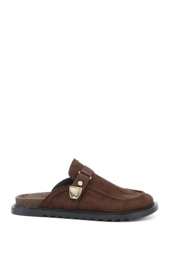 Women's Brown Suede Buckled Casual Slippers