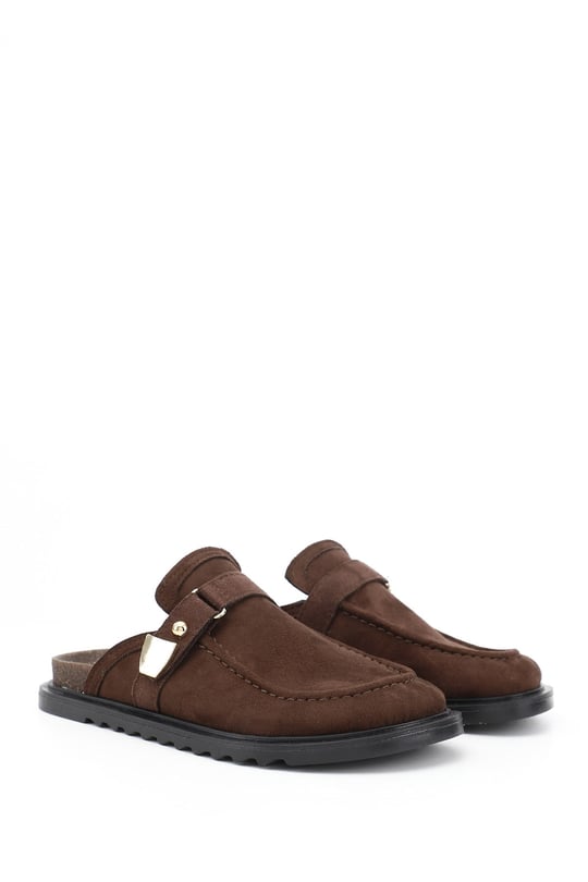Women's Brown Suede Buckled Casual Slippers