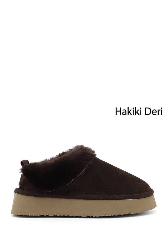 Kadın Kahve Süet W Tazz Kalın Tabanlı Hakiki Deri Kürklü Terlik