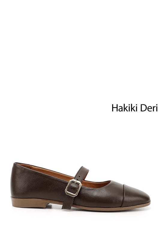 Women's Brown Printed Mary Jane Genuine Leather Ballerina Shoes