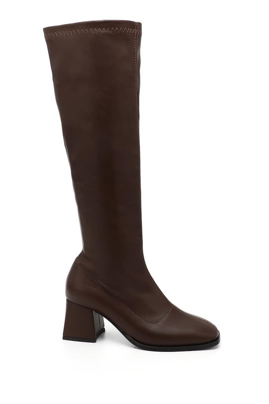 Women's Brown Leather-Look Zippered Chunky Heel Stretch Boots