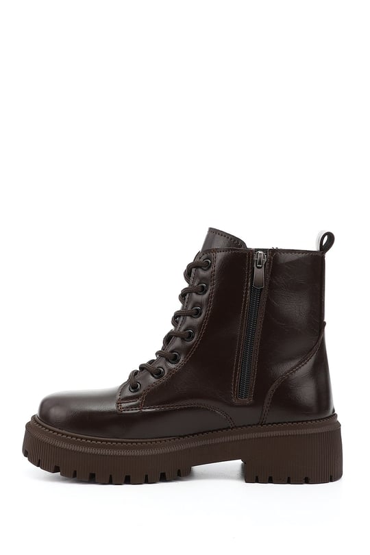 Women's Brown Zippered Thick Heeled Combat Boots