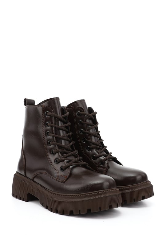 Women's Brown Zippered Thick Heeled Combat Boots