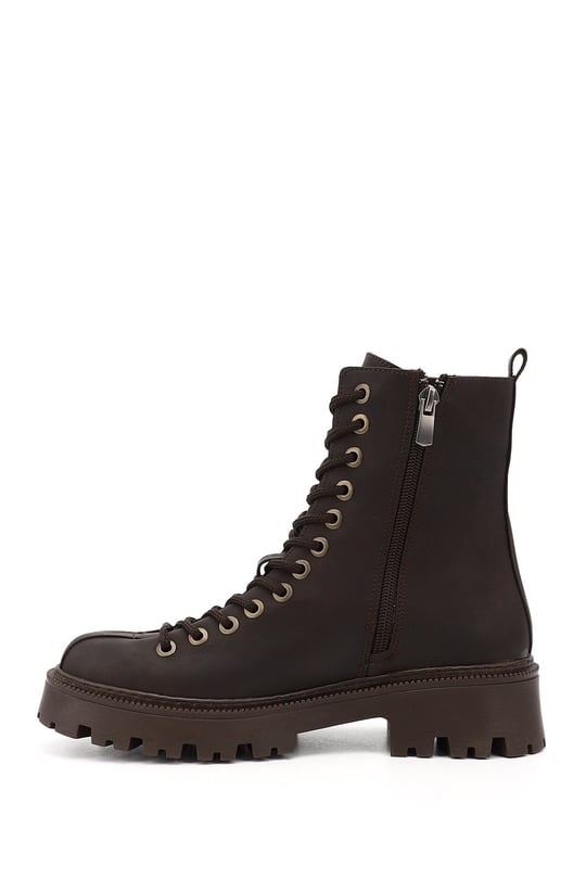 Women's Brown Zip-Up Chunky Heel Combat Boots