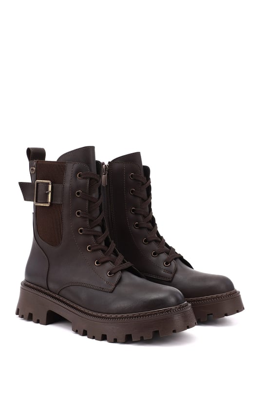Women's Brown Zip-Up Chunky Heel Combat Boots