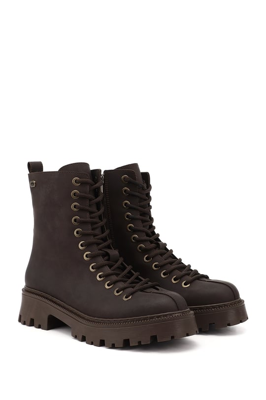 Women's Brown Zip-Up Chunky Heel Combat Boots