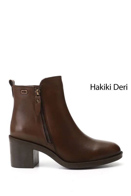 Kadın Kahverengi Fermuarlı Kalın Topuklu Hakiki Deri Bot