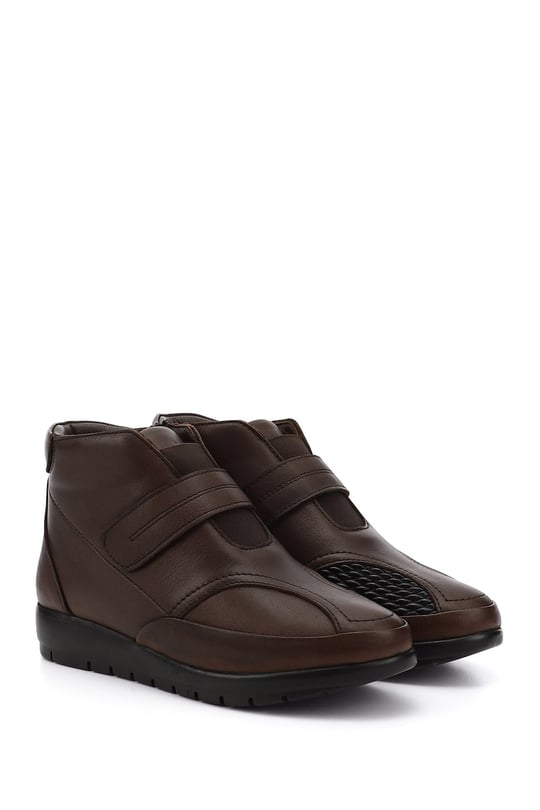 Women's Brown Zippered Genuine Leather Boots with Bone Protrusion
