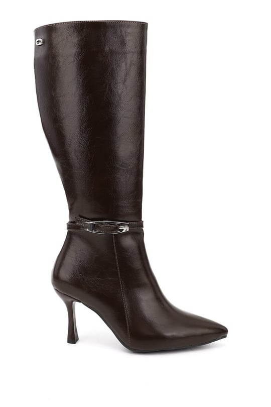 Women's Brown Zip-Up Pointed Toe Thin Heel Boots