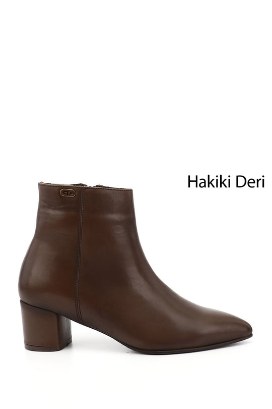 Kadın Kahverengi Fermuarlı Sivri Burun Hakiki Deri Bot