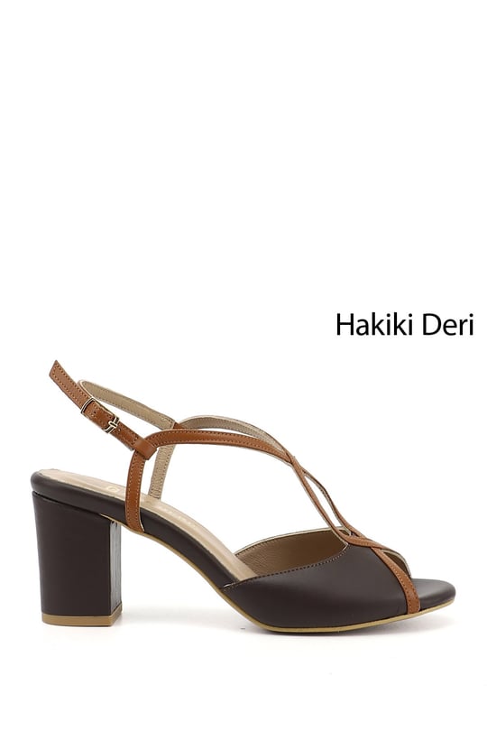 Kadın Kahverengi Kalın Topuklu Arkası Açık Hakiki Deri Sandalet