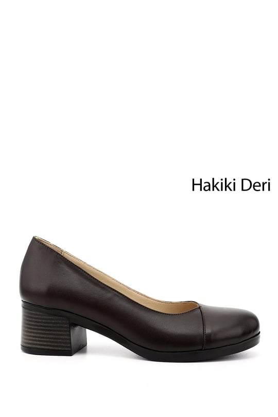 Kadın Kahverengi Kısa Kalın Topuklu Hakiki Deri Ayakkabı